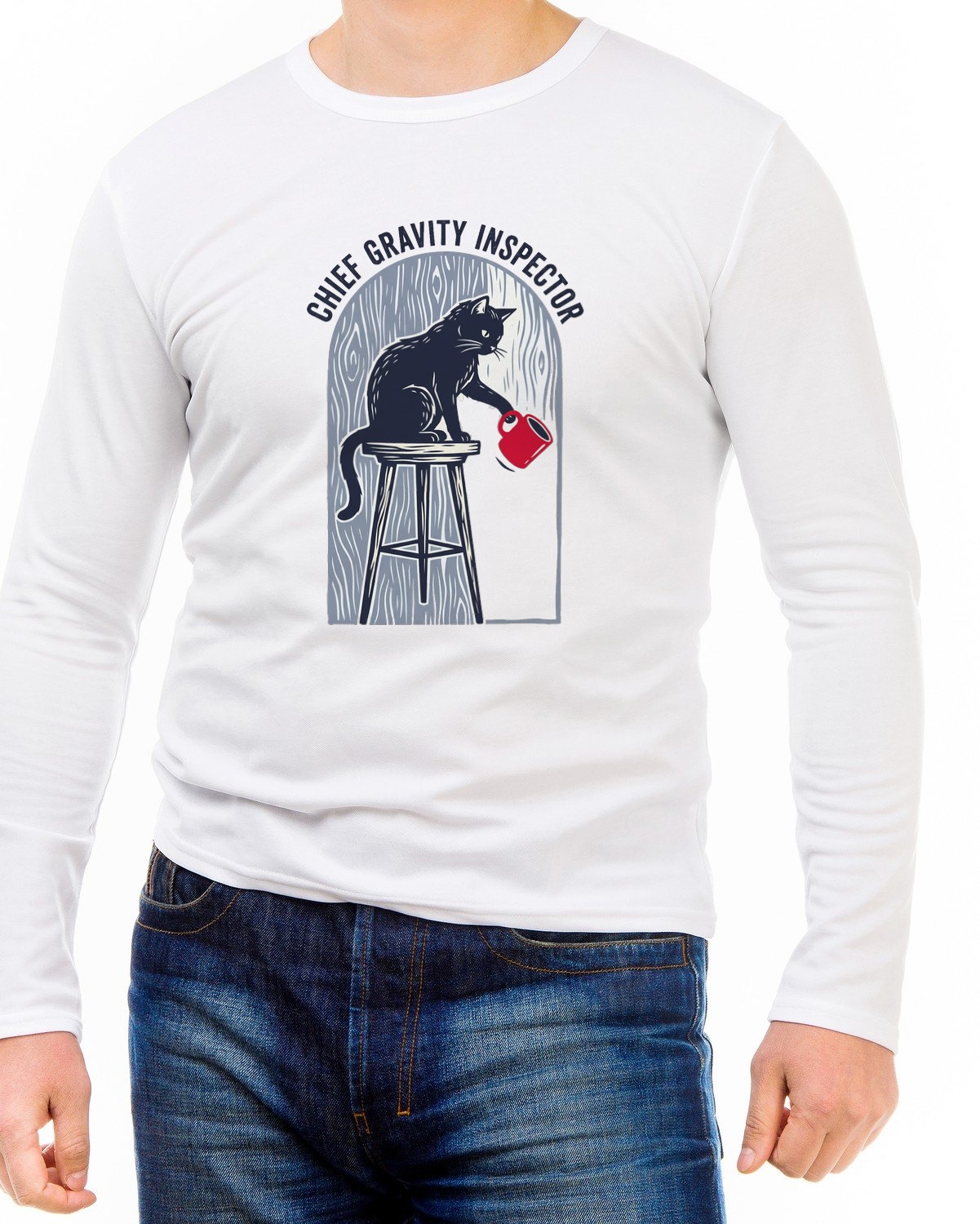 Chief Gravity Inspector Linocut Cat Long Sleeve — lifestyle photo