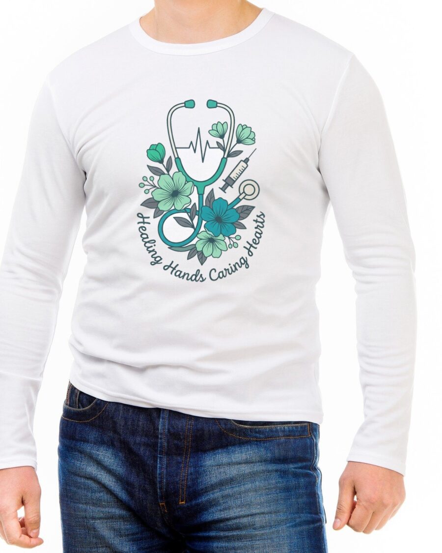 Healing Hands Floral Stethoscope Crest Long Sleeve — lifestyle photo