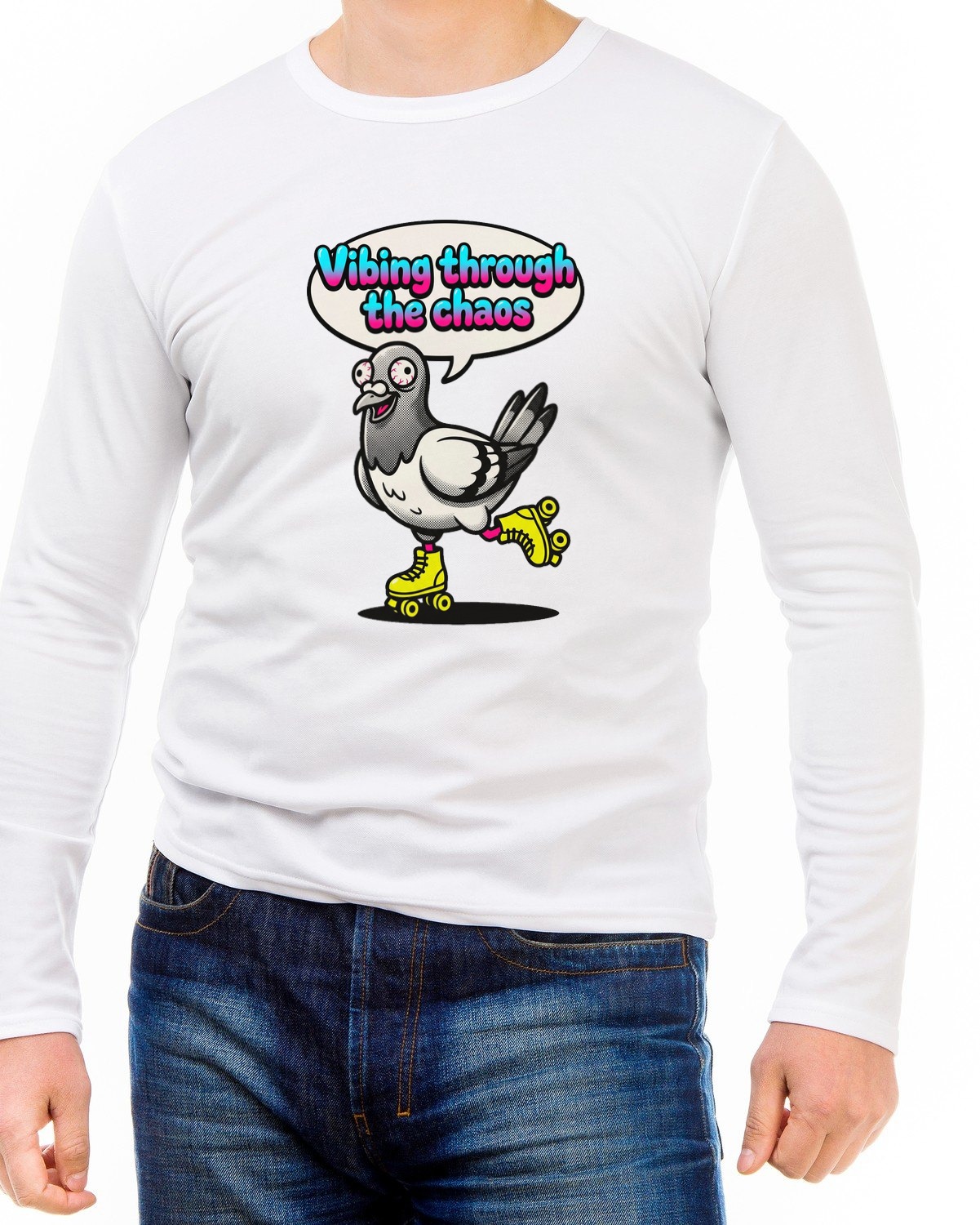 Vibing Through Chaos Pigeon Mascot Long Sleeve — lifestyle photo