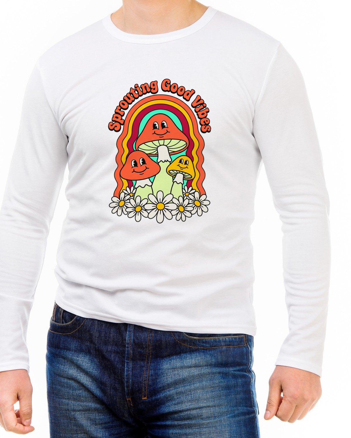 Sprouting Good Vibes Retro Mushroom Long Sleeve — lifestyle photo