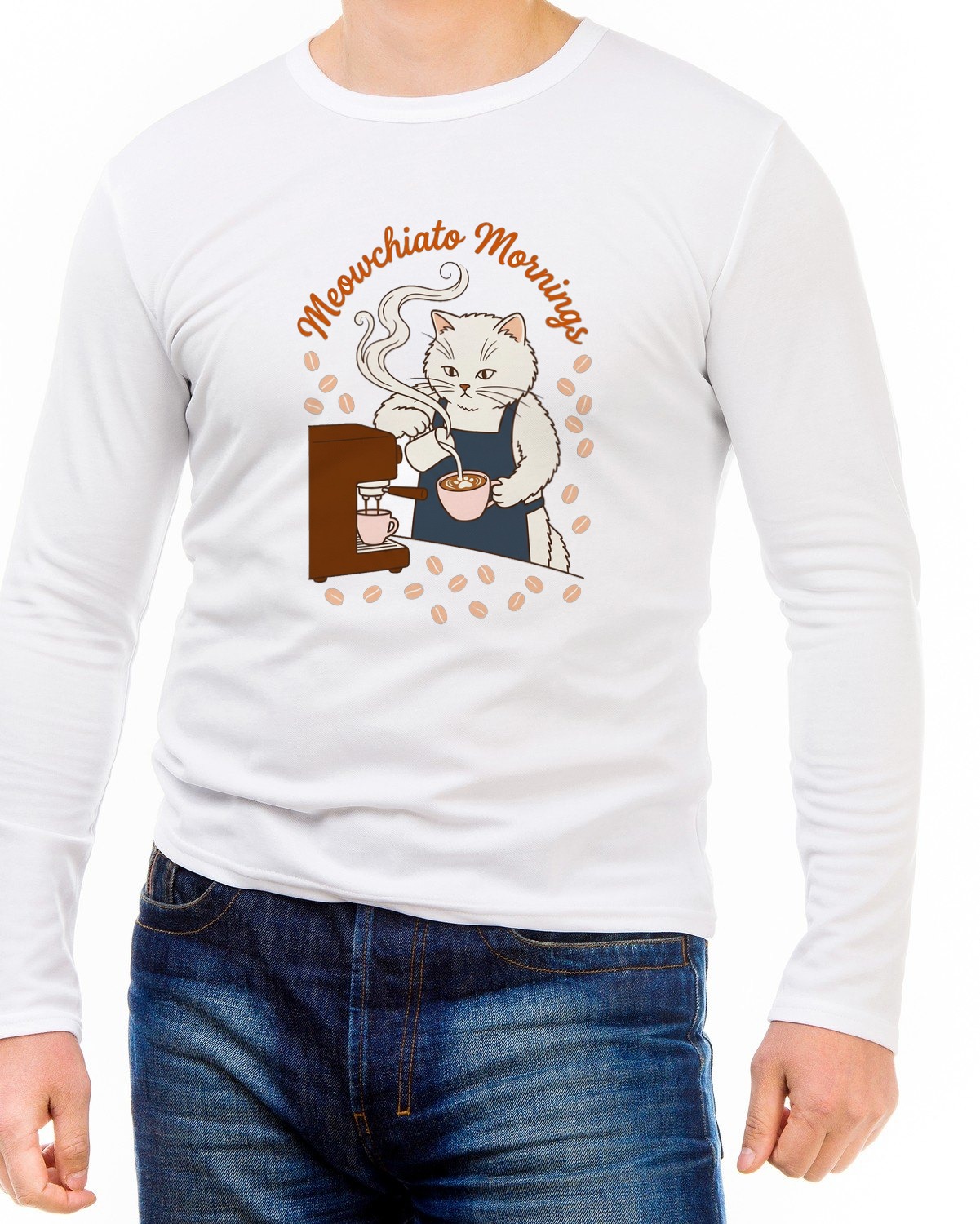 Meowchiato Mornings Cozy Cat Barista Long Sleeve — lifestyle photo