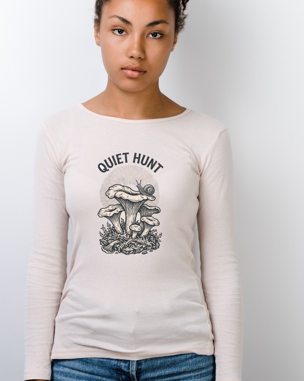 Quiet Hunt Linocut Chanterelle Long Sleeve — lifestyle photo