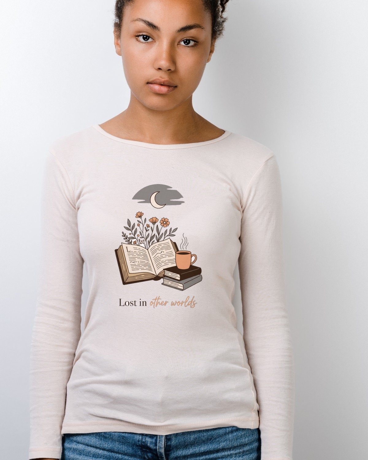 Moonlit Escapism Botanical Book Stack Long Sleeve — lifestyle photo