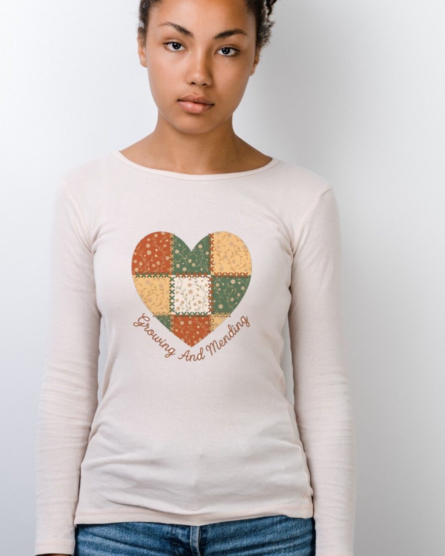 Stitched Together Patchwork Heart Long Sleeve — lifestyle photo