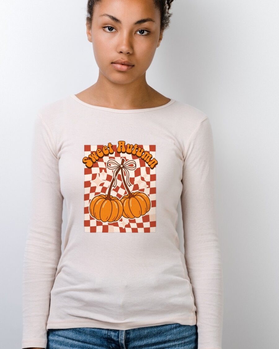 Sweet Autumn Pumpkin Cherry Bow Tee Long Sleeve — lifestyle photo
