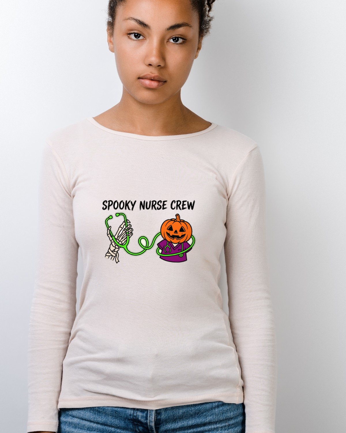 Skeleton Pulse Jack-O-Lantern Scrubs Long Sleeve — lifestyle photo