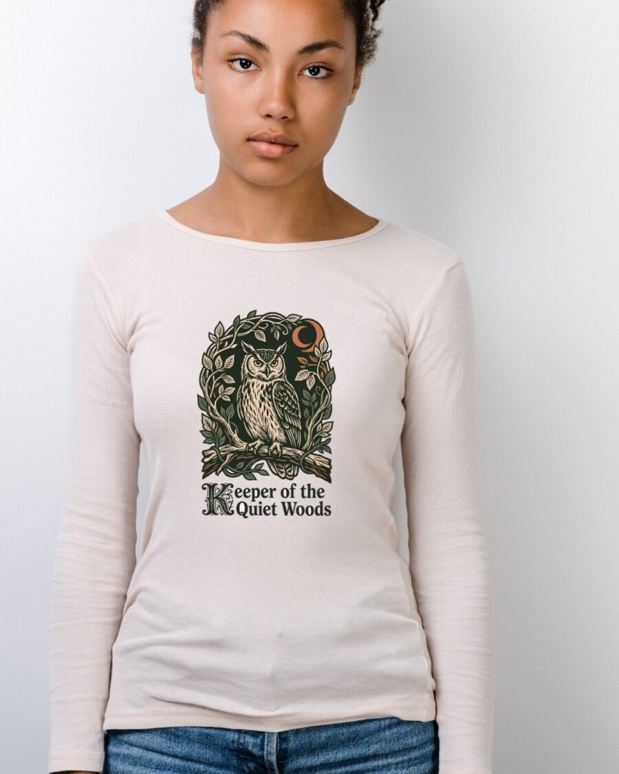 Midnight Forager Linocut Owl Long Sleeve — lifestyle photo