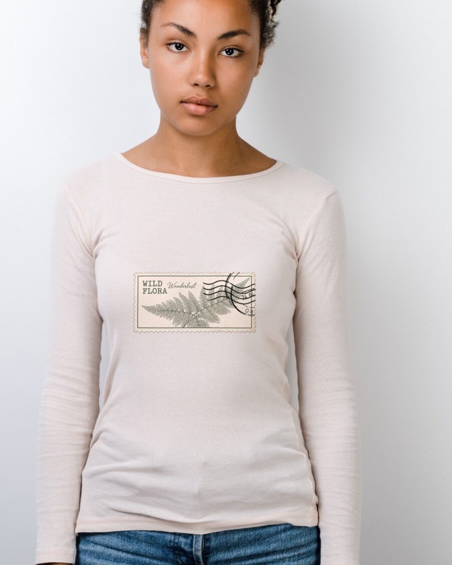 Alpine Fern Vintage Postage Stamp Long Sleeve — lifestyle photo