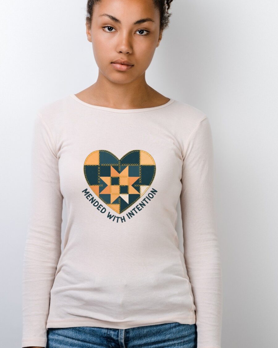 Mended With Intention Patchwork Heart Long Sleeve — lifestyle photo