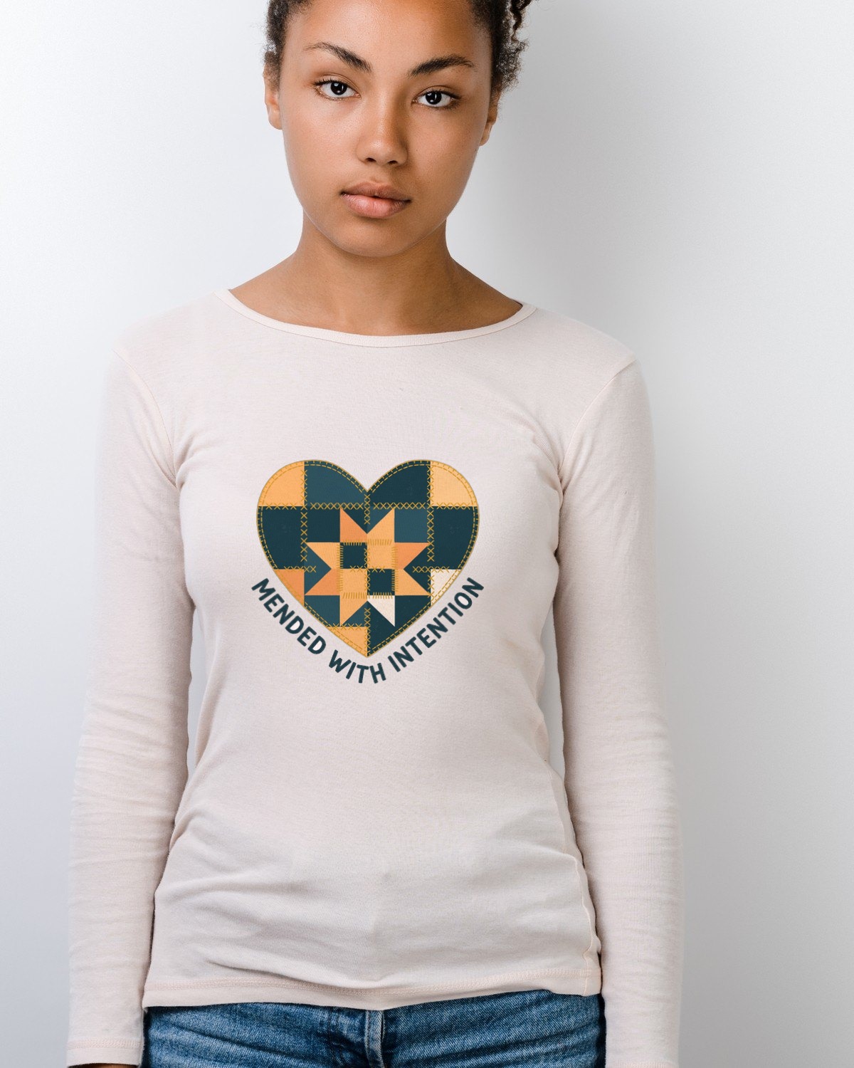 Mended With Intention Patchwork Heart Long Sleeve — lifestyle photo