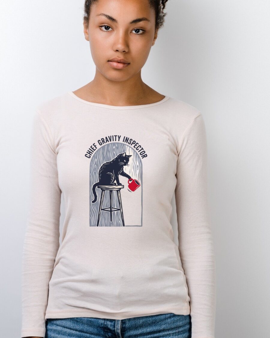 Chief Gravity Inspector Linocut Cat Long Sleeve — lifestyle photo