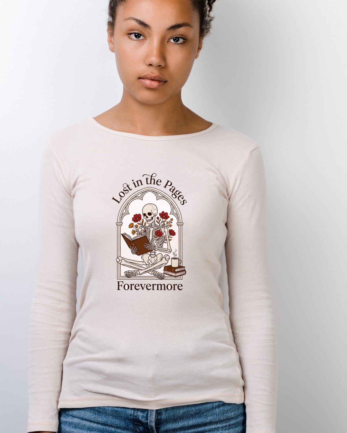 Immortally Engrossed Gothic Reader Long Sleeve — lifestyle photo