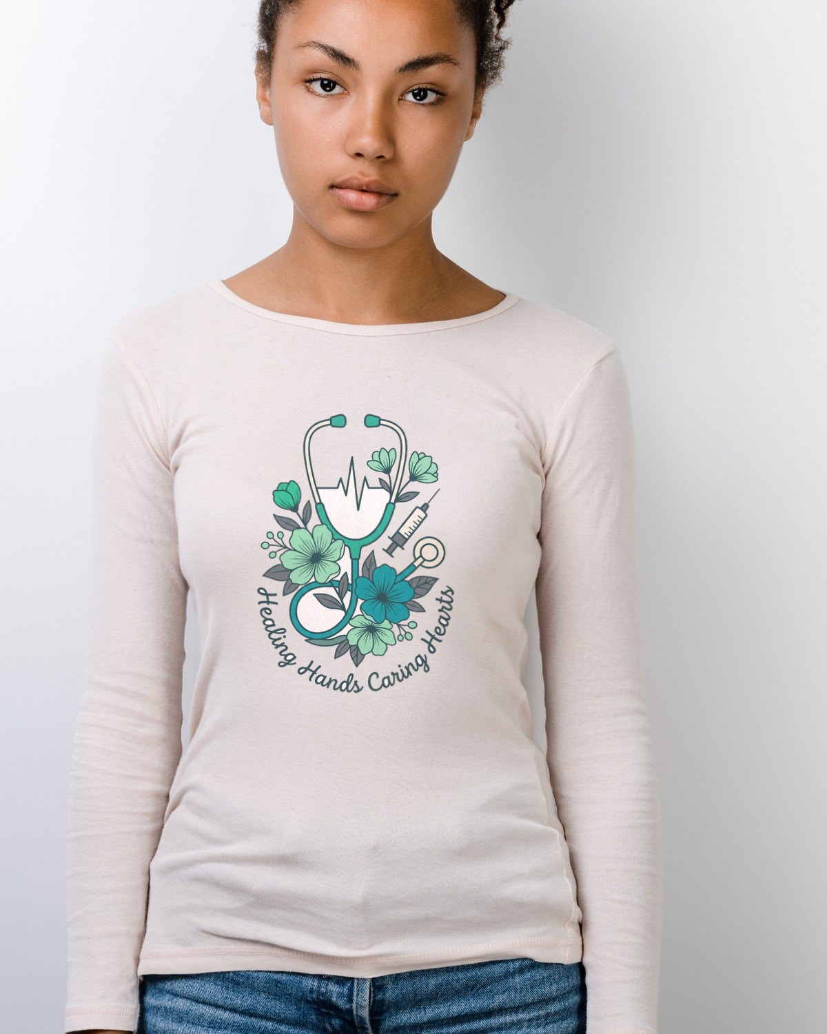 Healing Hands Floral Stethoscope Crest Long Sleeve — lifestyle photo