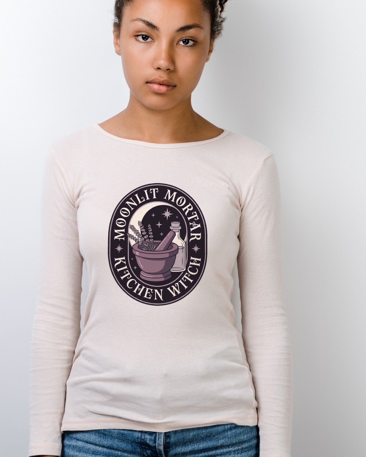 Moonlit Mortar Kitchen Witch Long Sleeve — lifestyle photo
