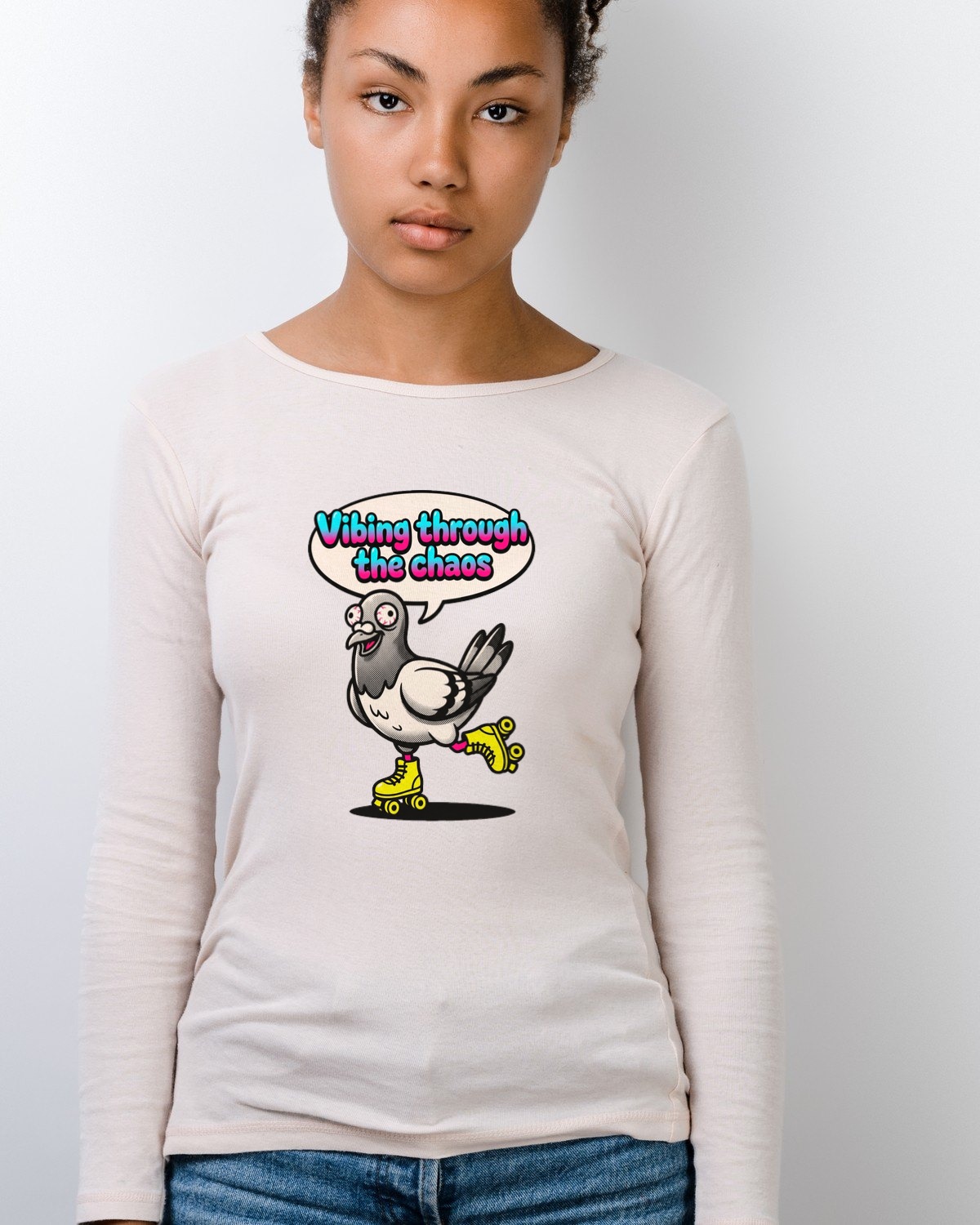 Vibing Through Chaos Pigeon Mascot Long Sleeve — lifestyle photo