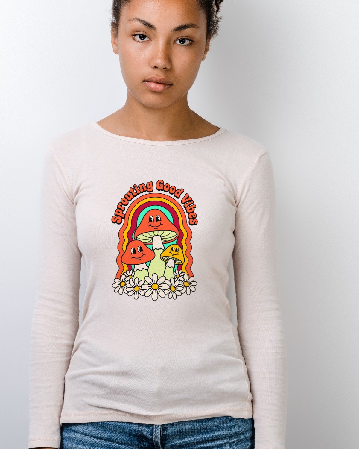 Sprouting Good Vibes Retro Mushroom Long Sleeve — lifestyle photo