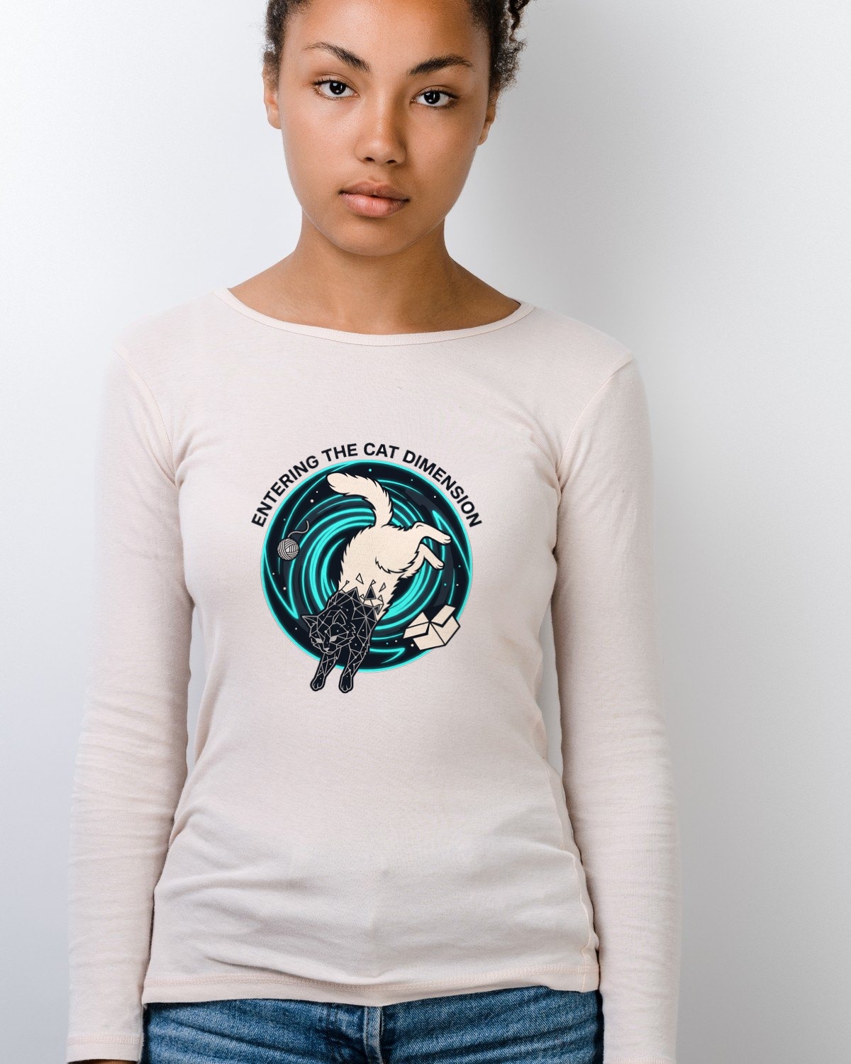 Feline Event Horizon Space Portal Long Sleeve — lifestyle photo