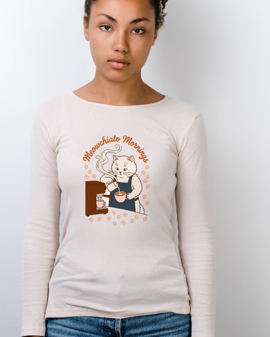 Meowchiato Mornings Cozy Cat Barista Long Sleeve — lifestyle photo