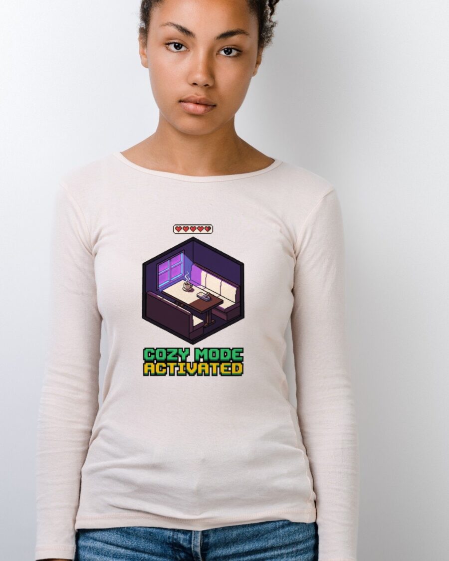 Cozy Mode Isometric Pixel Cafe Booth Long Sleeve — lifestyle photo