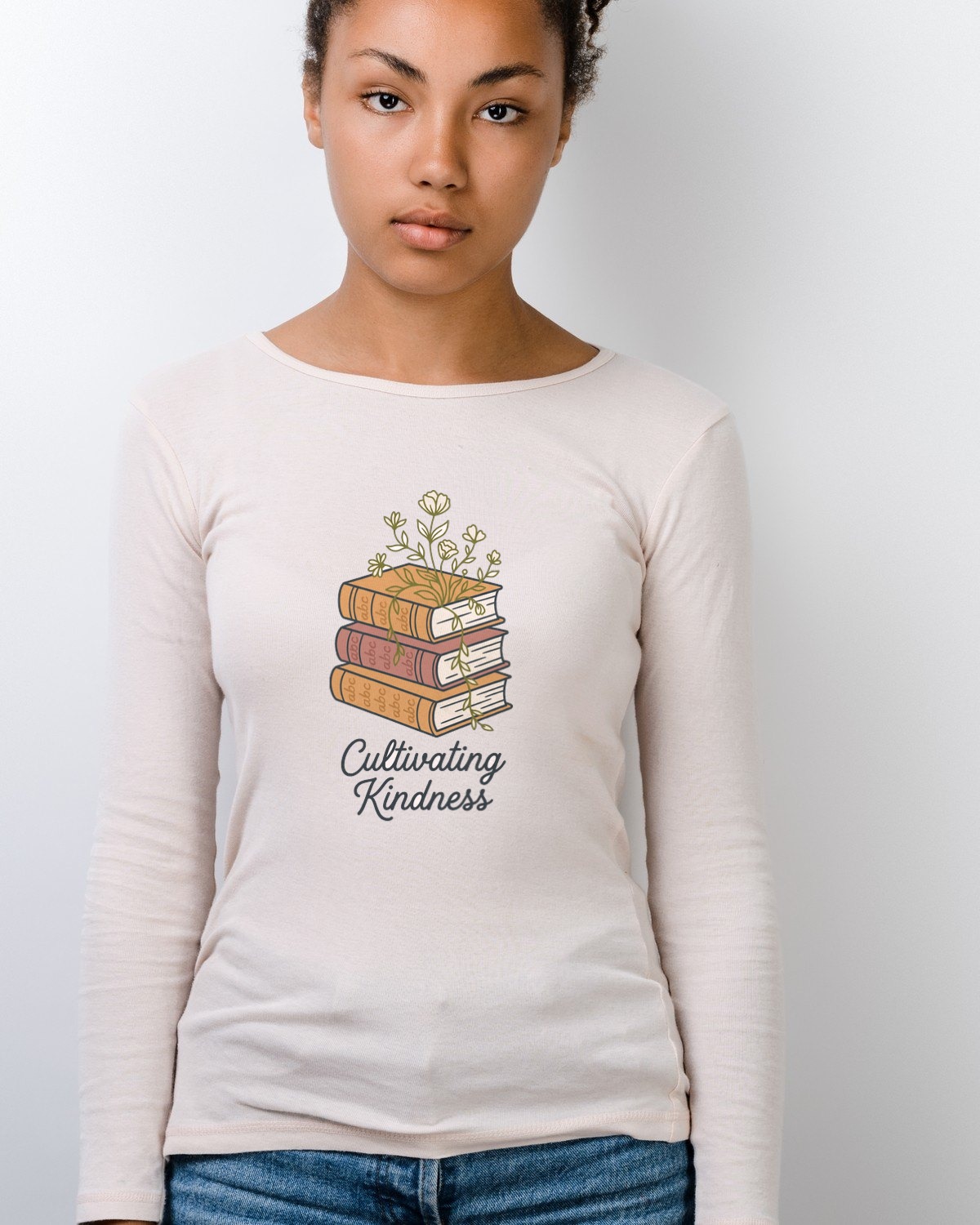 Cultivating Kindness Floral Book Stack Long Sleeve — lifestyle photo