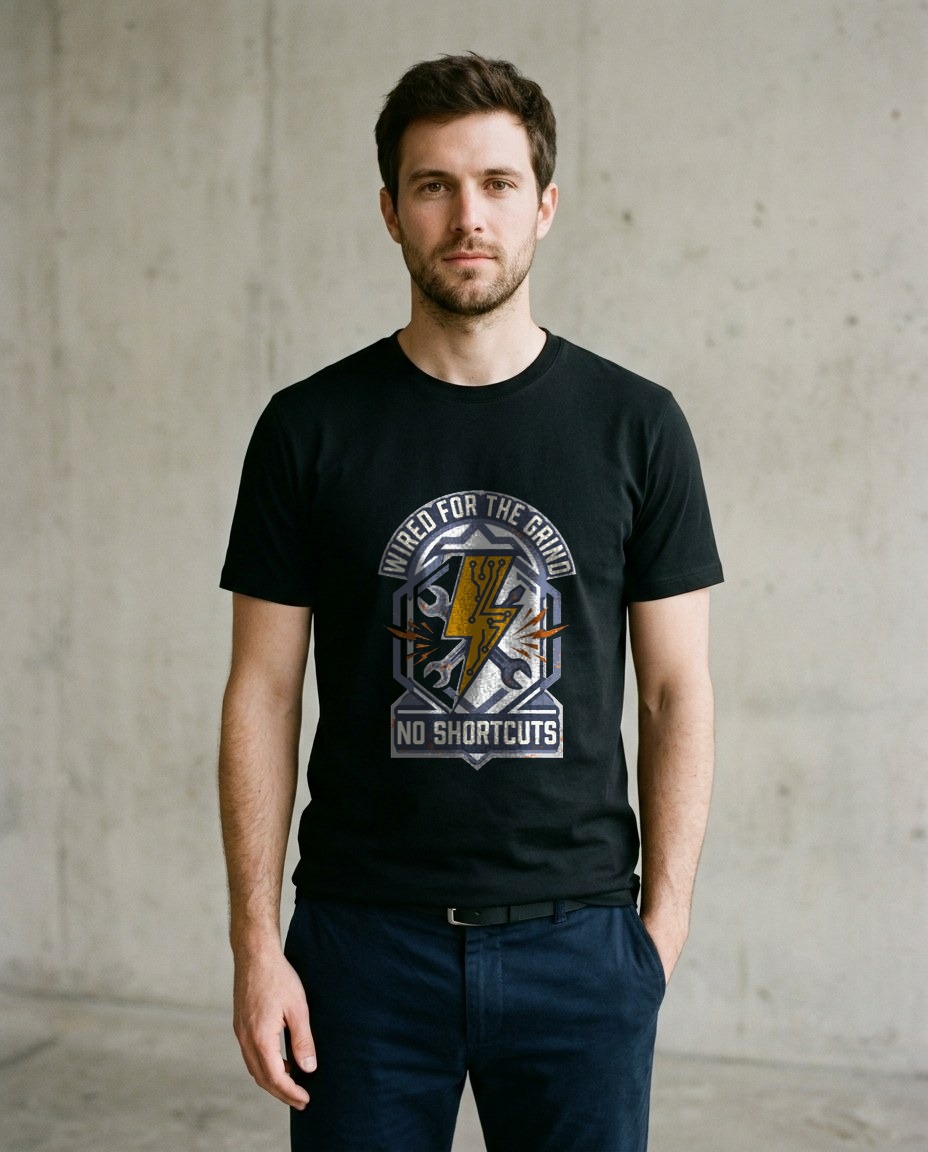 Wired For The Grind Electrician Crest — lifestyle photo