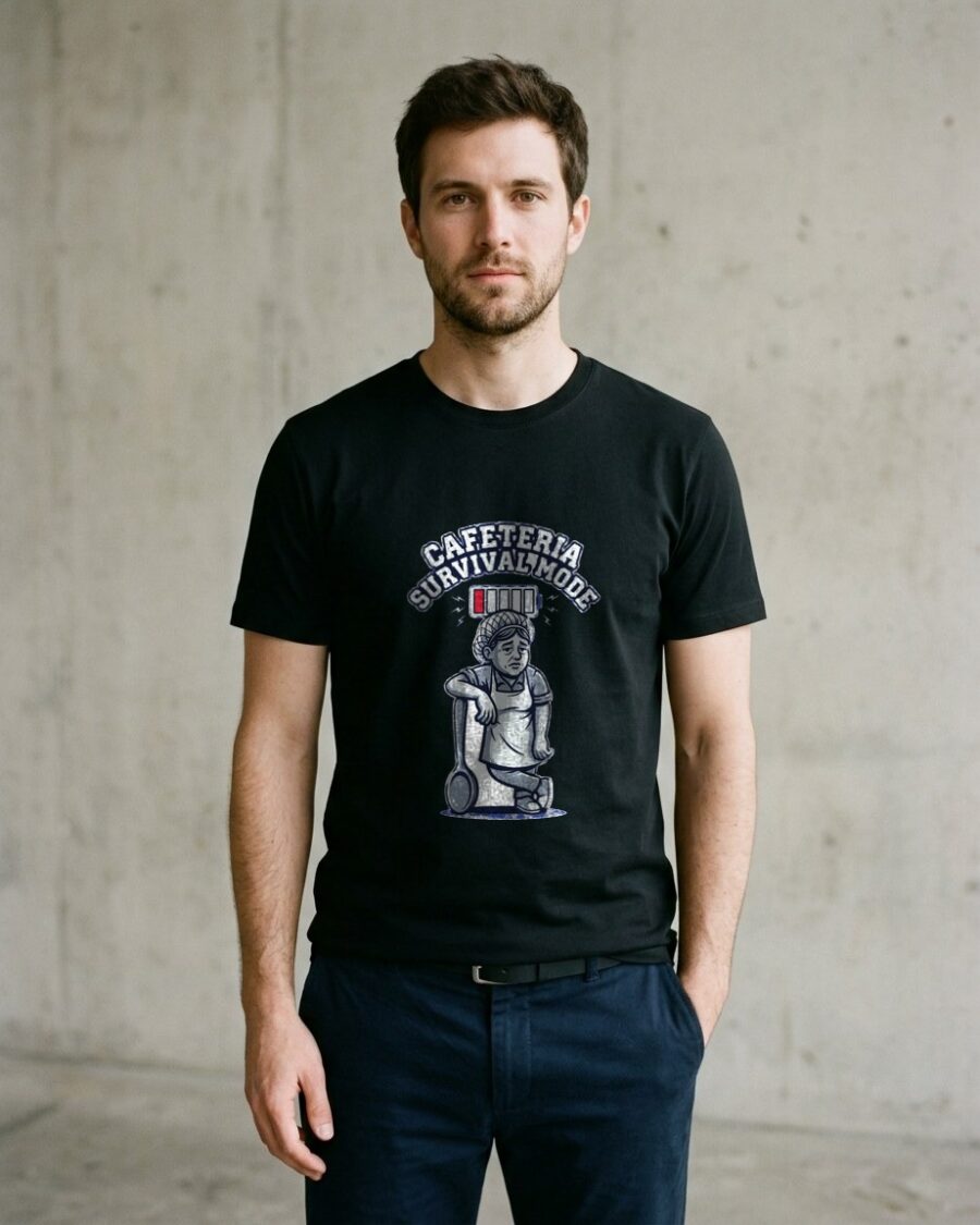 Cafeteria Survival Mode Battery Tee — lifestyle photo