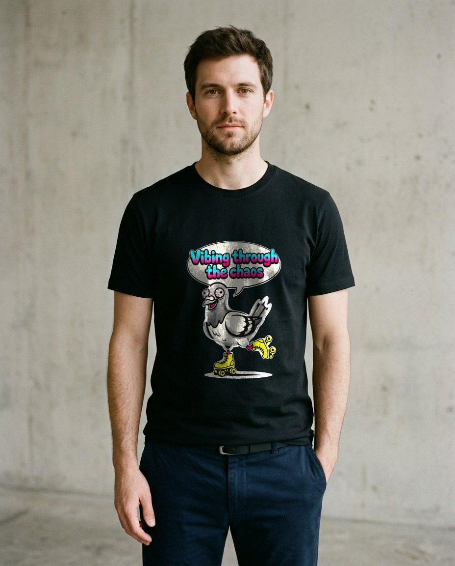 Vibing Through Chaos Pigeon Mascot — lifestyle photo
