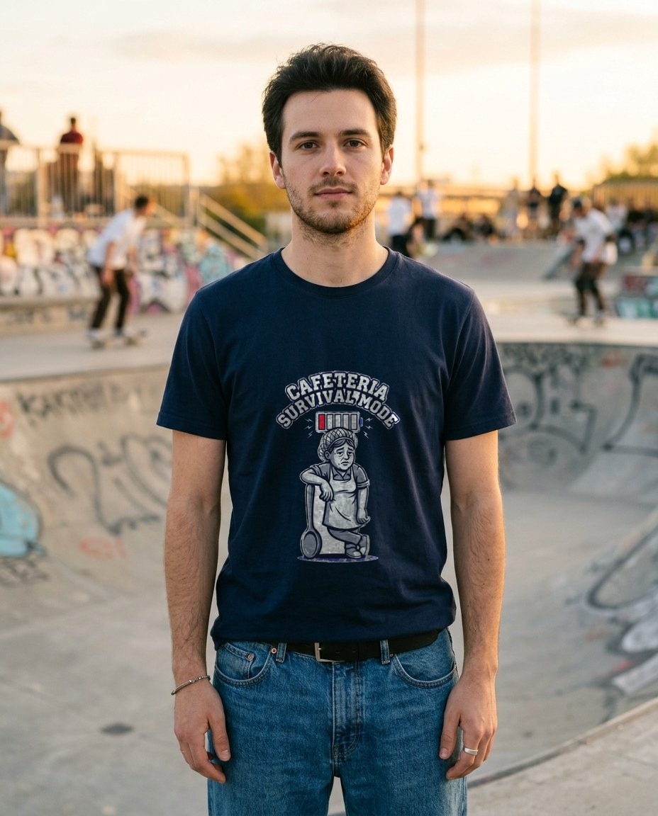 Cafeteria Survival Mode Battery Tee — lifestyle photo