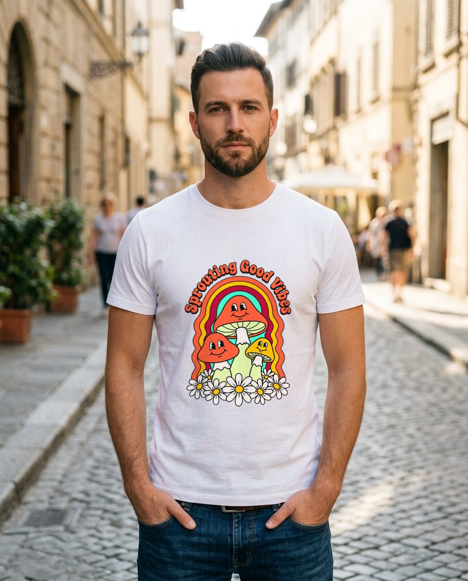 Sprouting Good Vibes Retro Mushroom — lifestyle photo