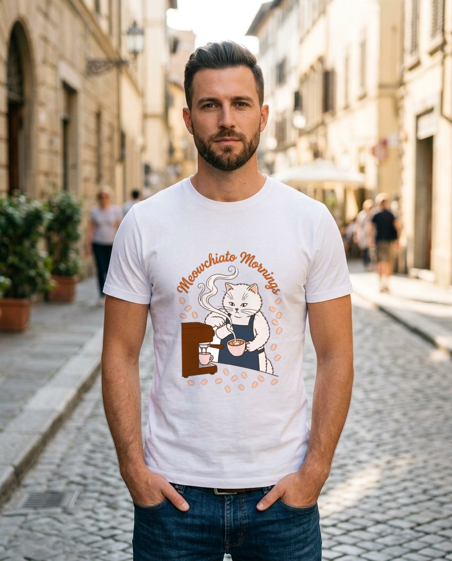 Meowchiato Mornings Cozy Cat Barista — lifestyle photo